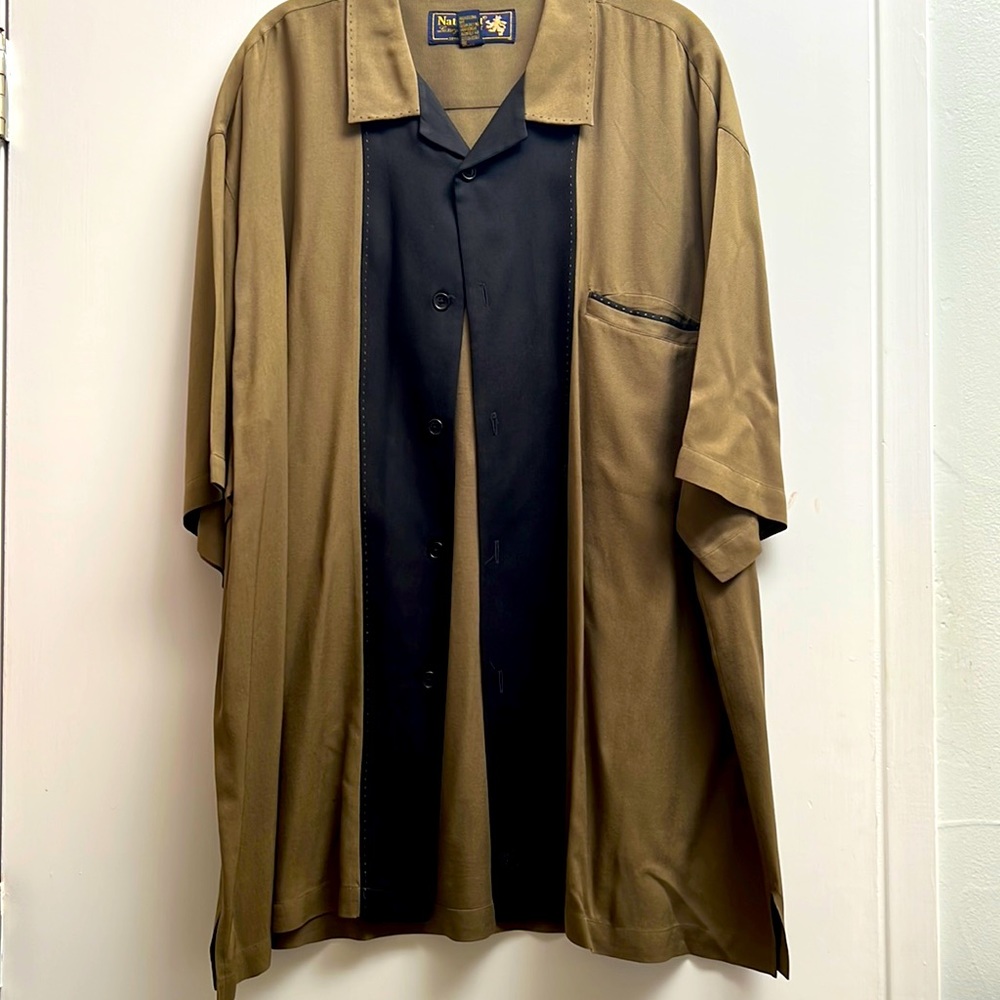 100% silk Nat Nast olive and black short sleeved dress shirt